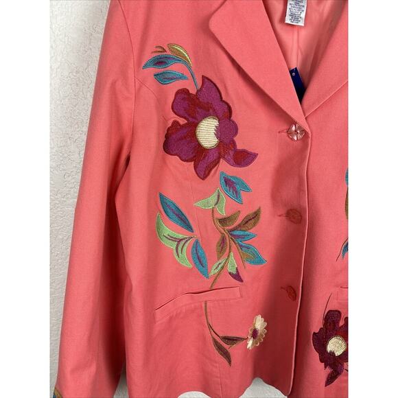 NEW Susan Graver Women Blazer Jacket Sz XL Orange Coral Embroidered Floral Artsy - Picture 3 of 8